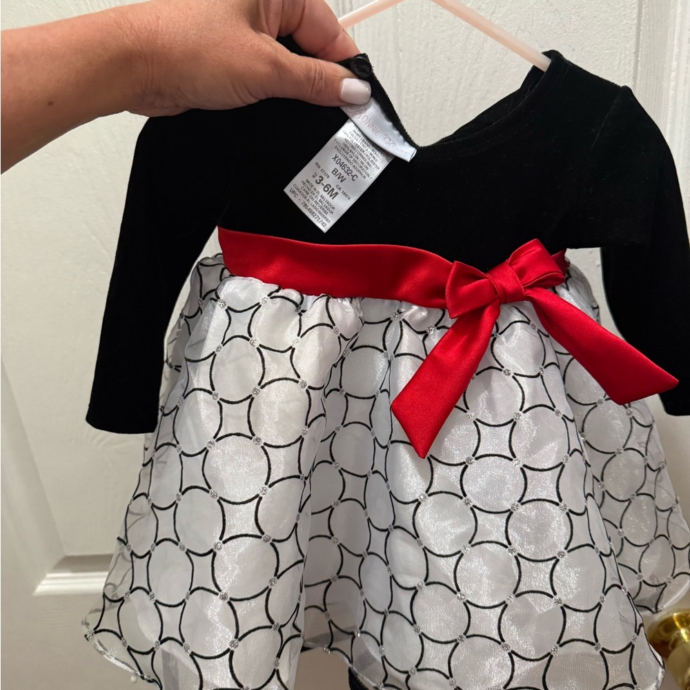 Bonnie Baby Black and White Dress with Red Bow